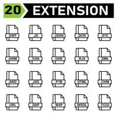File extension icon set include dwt, js, json, dcr, stc, awm, cha, gne, rjs, dml, aro, jss, p7b, stml, chm, url, dap, w4p, wsdl, fcgi, file, document, extension, icon, type, set, format