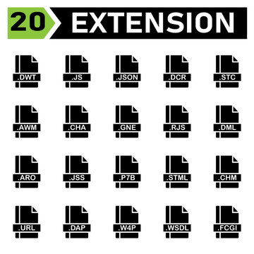 File extension icon set include dwt, js, json, dcr, stc, awm, cha, gne, rjs, dml, aro, jss, p7b, stml, chm, url, dap, w4p, wsdl, fcgi, file, document, extension, icon, type, set, format