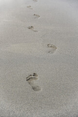 Footprints of human feet on the gray sand of the beach or putyn