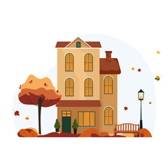 Family house in autumn. A building with tree, bench and a lantern in the yard. Vector illustration for websites or promotional materials. Happy fall y'all