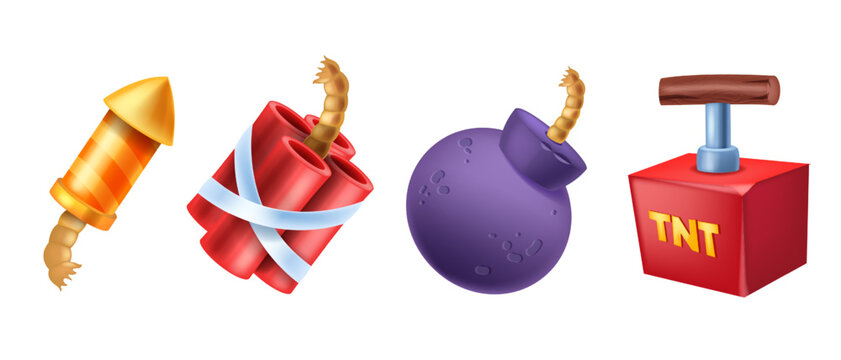 3D bomb game icon set, vector cartoon dynamite ball with fuse, explosive tnt box, yellow firecracker. Pyrotechnics equipment clipart, blast weapon, red petard on white. Gunpowder 3D bomb with wick