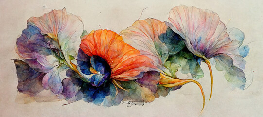 Hand-drawn watercolor of a flower with pastel red pollen and teal-colored leaves, displayed against a white background and isolated. Spectacular painting with digital art 3D illustration.