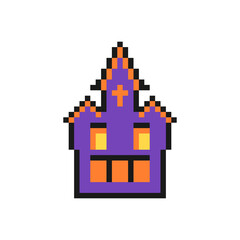 Obraz premium Halloween haunted house icon in pixel art design isolated on white background, horror house vector sign symbol.