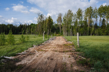 Fototapeta na wymiar rural road in middle of large swamp with grass on cloudy summer day in Russia