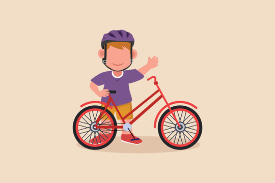 Little boy standing on the bicycle and hand raise up. Bicycle activity concept. Flat vector illustrations isolated. 