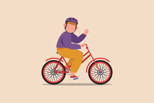 Happy boy with helmet riding bicycle. Bicycle activity concept. Flat vector illustrations isolated. 