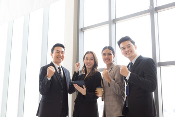 Business leaders with employees group showing hands up looking at camera, happy professional multicultural office team people recommend best corporate service, proud or good career, human resource