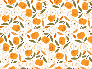 Apple seamless pattern. Apple fruit with leaves on white background. Vector Fall, Autumn and Thanksgiving Repeated background for textile, fabric, paper, wallpaper, packaging. Autumn harvest.