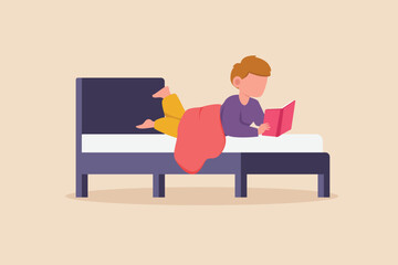 Little boy reading story book before going to bed. Before sleep activity concept. Colored flat graphic vector illustration isolated.