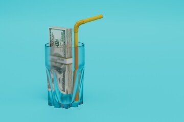 Fototapeta na wymiar the concept of paying for a drink. drinking glass with dollars and a straw inside. 3d render