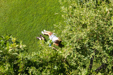Fototapeta premium Сouple of woman an man lovers sitting on the green grass under tree in a park. Top view, drone, aerial view