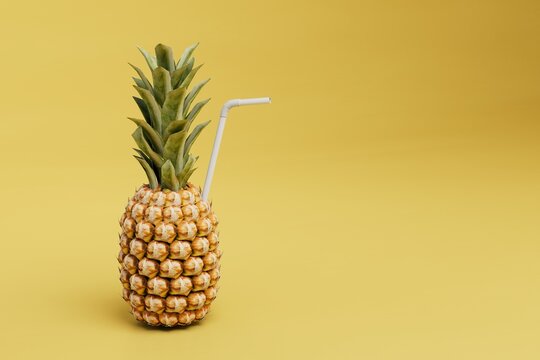 summer holiday concept. cocktail with a straw in pineapple. copy paste, copy space. 3d render