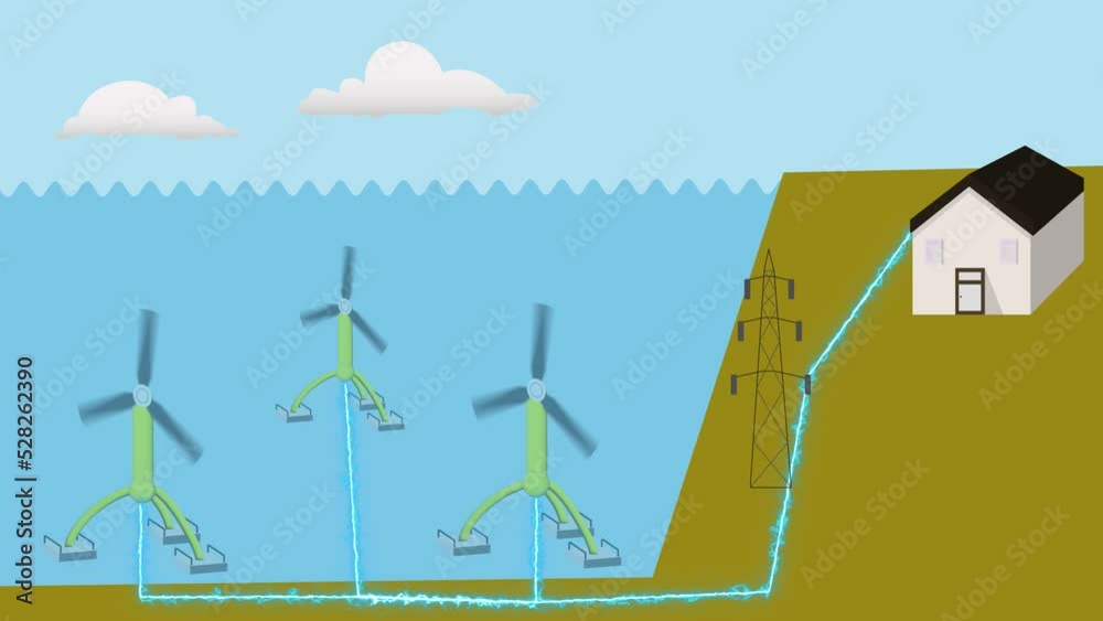 Wall mural tidal energy animation shows how turbines generate electricity power by using tides