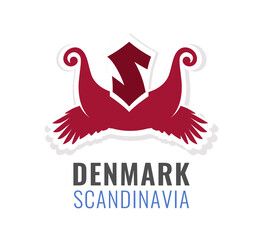 Tour to Denmark, Scandinavia. Vector Badge with crow wings, Nordic Drakkar ship and Letter isolated on white background. Emblem colored in colors of Danish National flag.