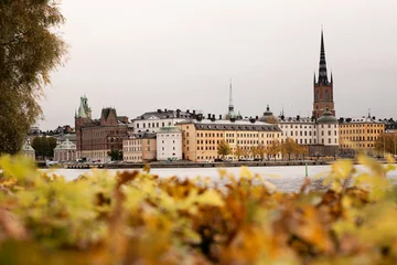 Poster Autumn in the city. Focus on the Stockholm old town buildings, skyline and architecture. Out of focus is the yellow autumn leaves and foliage. Photo taken in Stockholm, Sweden. © Susie Hedberg