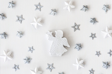 Christmas background with decorative stars, flat lay.