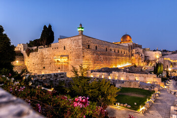 Fototapeta na wymiar Jerusalem Old City at Night - View from Dung Gate towards Temple Mount and Al Aqsa
