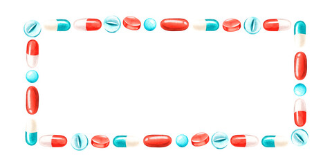 Rectangular frame of pills. Place for text. Watercolor illustration. Isolated on a white background.