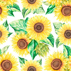 Fototapeta na wymiar Sunflowers seamless pattern. Watercolor illustration. Isolated on a white background.