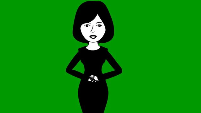 Animated speaking girl in black dress. The woman constantly tells something and gestures with her hands. Black hair. Flat vector illustration isolated on green background.