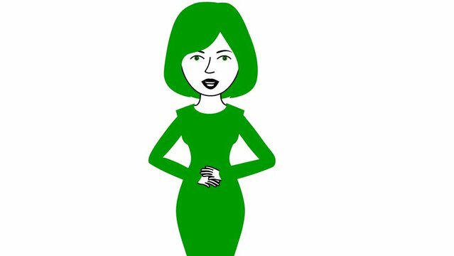 Animated speaking girl in green dress. The woman constantly tells something and gestures with her hands. Black hair. Flat vector illustration isolated on white background.