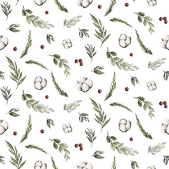 Fototapeta na wymiar Christmas Watercolor Flowers Seamless Pattern Winter Patterns Cotton, Red Roses, Spruce, Eucalyptus, Lamb
