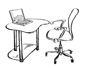 office chair and office desk with a laptop. sketch style