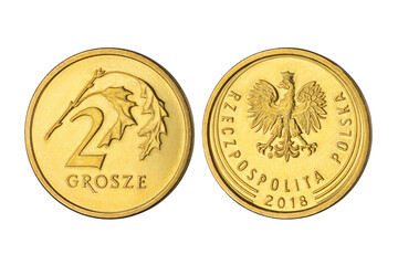 Two grosz coin Poland money currency isolated on white. - obrazy, fototapety, plakaty