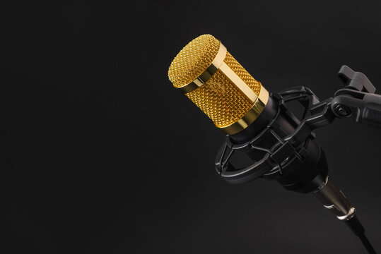 Golden studio condenser microphone on a black background.