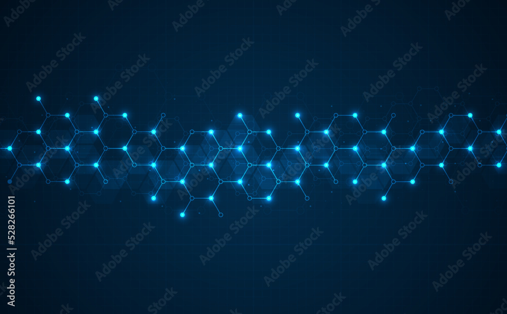 Poster digital technology background. abstract hexagons background with lines and dots. design for science,