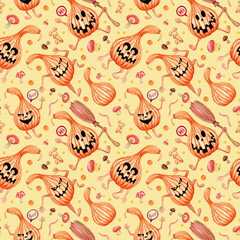 Seamless Halloween pattern. Pumpkins are scary and funny. Happy spooky holiday. Hand drawn watercolor and pencils illustration on colored background. Cartoon child character.