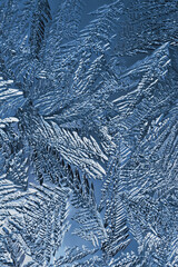 Abstract Christmas vertical background. Ice crystals on frozen window glass. Frost drawing. A pattern of leaves and stems of fantastic plants. Blue tinted winter wallpaper. Cold and crystal. Macro