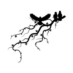 Abstract Black Line Tree Branch With Birds Wings Vector Icon Nature Design Style Decoration Cartoon Background Isolated