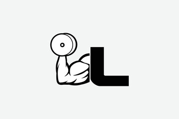 strong arm and dumbbell, simple icon vector of Gym logo, fitness logo, bodybuilder icon with white backgroud, letter L