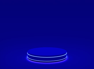 3d blue neon light cylinder podium minimal studio blue dark background. Abstract 3d geometric shape object illustration render. Display for technology product.