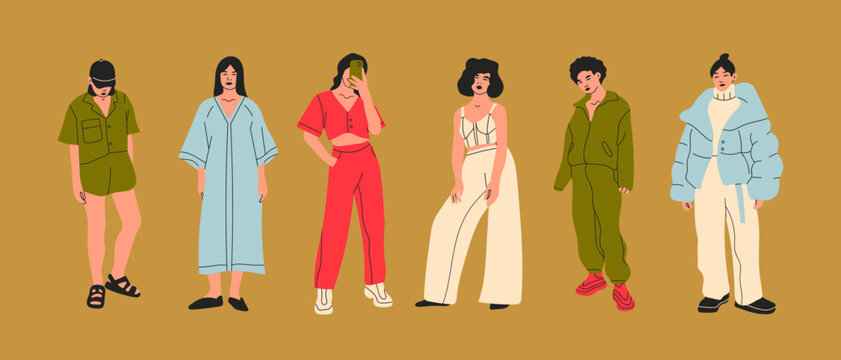 Set of young women dressed in stylish trendy clothes. Fashion look. Female models standing in various poses. Different clothing. Cartoon style. Fashionable ladies. Hand drawn Vector illustration