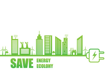 Electrical plug with green city. Save energy and ecology on white background. Environmental and global care. Eco sustainable development concept. Vector illustration in flat design.