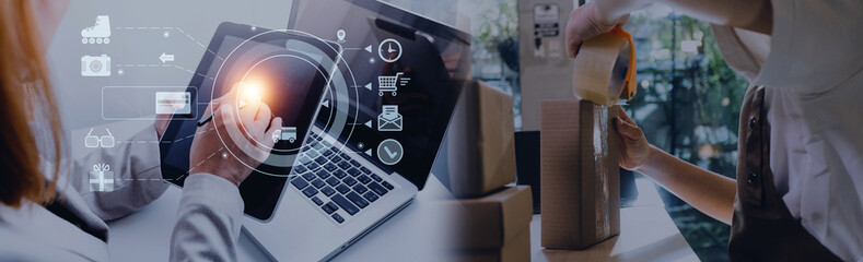 Startup small business entrepreneur or freelance Asian woman using a laptop with box, Young success Asian woman with her hand lift up, online marketing packaging box and delivery, SME concept.