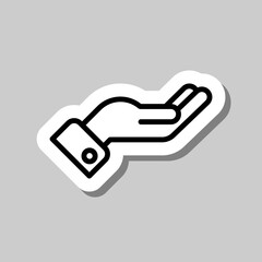 Hand, giving simple icon vector. Flat design. Sticker with shadow on gray background