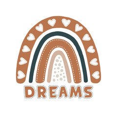 Cute rainbow. Cartoon rainbow with hearts for design kid prints. Baby scandinavian element isolated on background. Children patern. Rainbows printing. Nordic abstract printed. Vector illustration