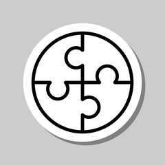 Puzzle, round simple icon vector. Flat design. Sticker with shadow on gray background