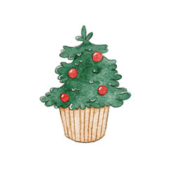 Watercolor decorated christmas tree