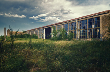 Abandoned factory building in summer  - obrazy, fototapety, plakaty
