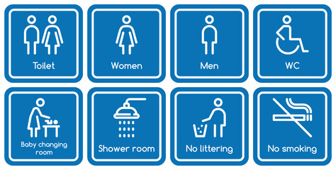 Toilet signage set. WC signs. Man,woman,mother with baby and handicap symbols. Restroom for male, female, disabled. Baby changing room, shower room. No littering. No smoking. Vector graphics