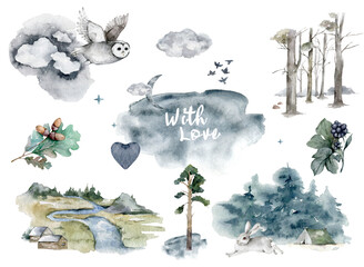 Autumn forest watercolor. Forest illustration. Pines, owl, hare and magpie. Autumn edge and animal clipart on white background