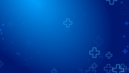 Medical health blue cross neon light shapes pattern healthcare technology background.