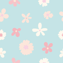 A simple floral repeat pattern in pastel colors, cute white and pink daisies on a blue background