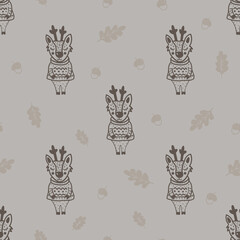 Fototapeta na wymiar A seamless autumn pattern with a cute hand-drawn deer character, a fall background with a doodle deer wearing a sweater