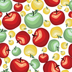 A joyful seamless summer pattern with yellow, green and red apples,  ripe fruits scattered on a white background