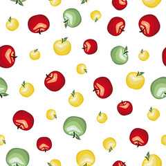 A joyful seamless summer pattern with yellow, green and red apples,  ripe fruits scattered on a white background